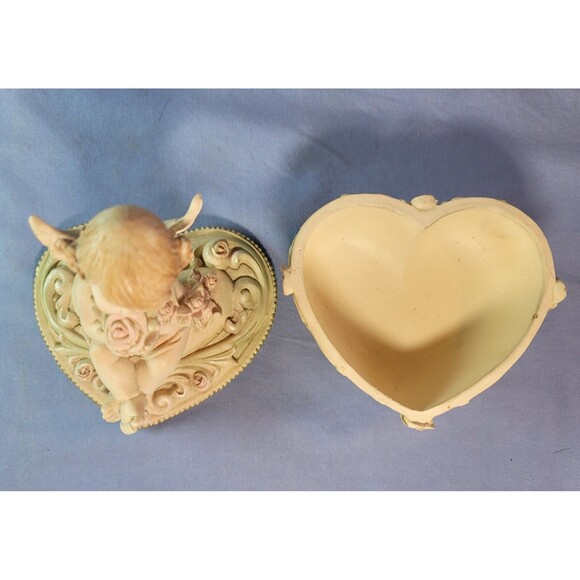 Cherub Trinket Heart Box Bisque Angel w/ Roses Jewelry Valentine Carved Case - Picture 9 of 12